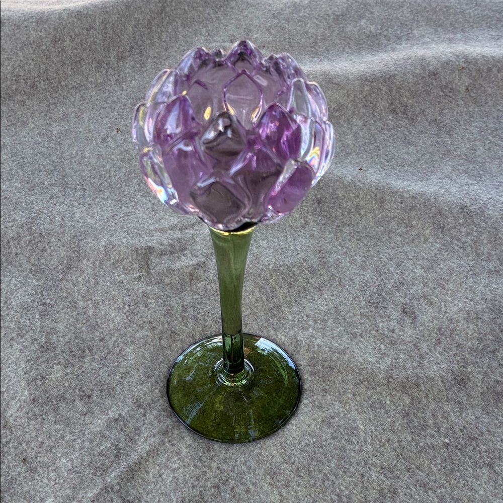 Purple Art Glass Flower Goblet with Green Stem
